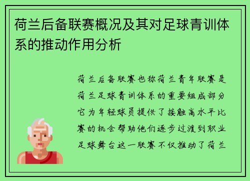 荷兰后备联赛概况及其对足球青训体系的推动作用分析