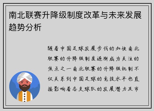 南北联赛升降级制度改革与未来发展趋势分析